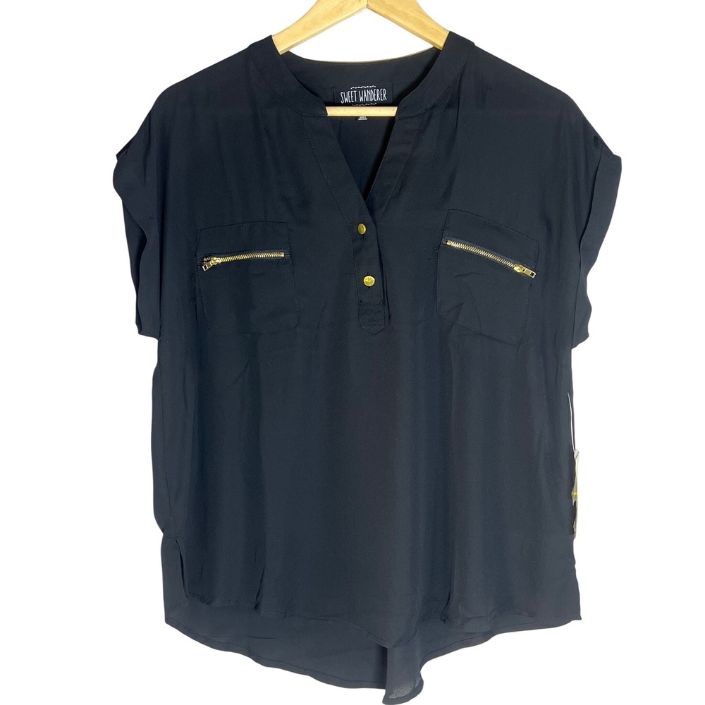Sweet Wanderer Black Short Sleeve Blouse Zipper‎ NWT Pockets XL Dark Academia